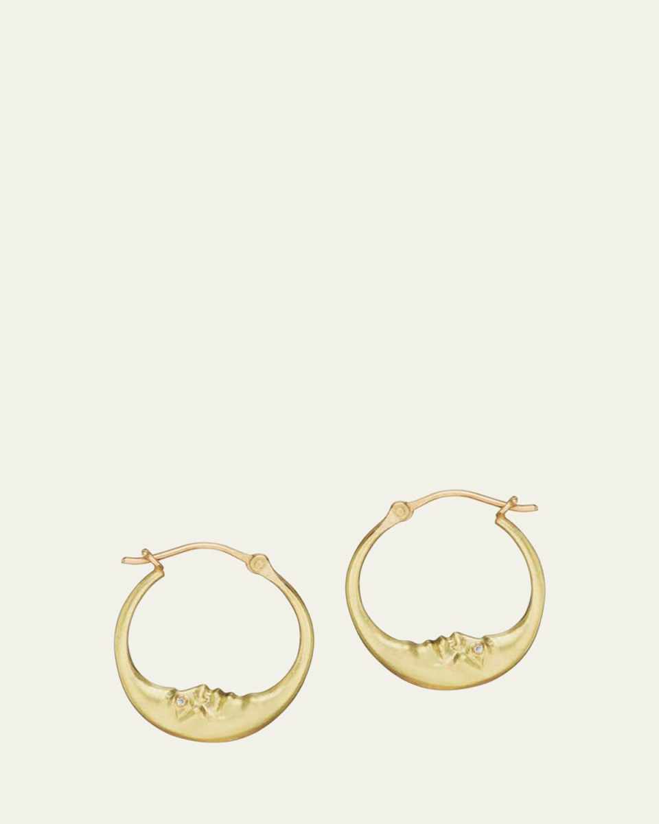 Small Crescent Moon Hoop Earrings 18K Yellow Gold, Diamonds 0.04Ct